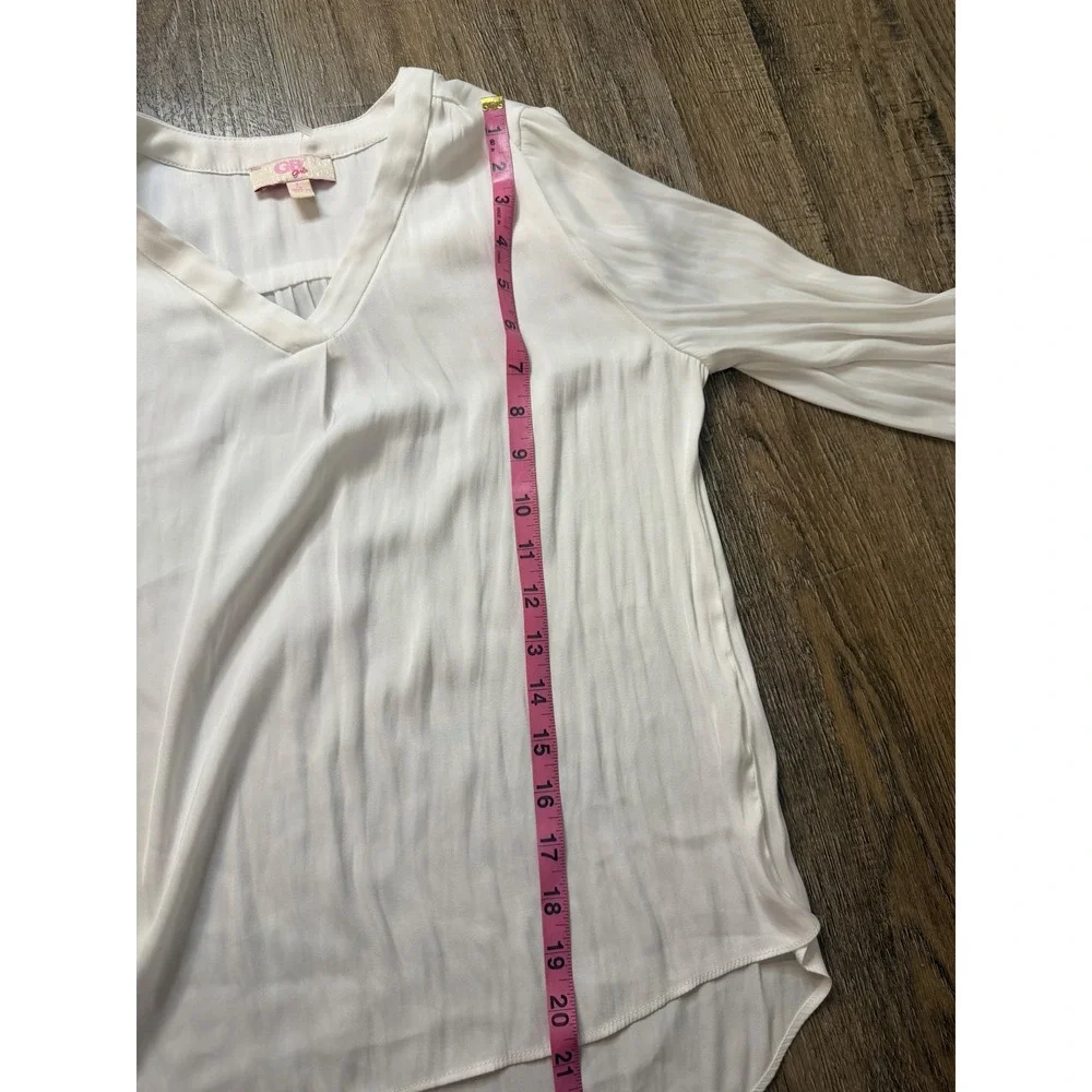 GB Girls White V-Neck Pleated Blouse Long Sleeve High-Low Hem Size L GG2950HCU